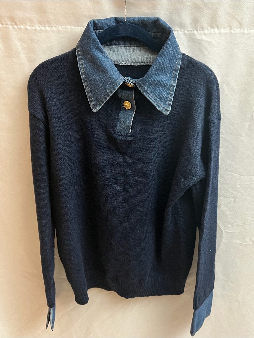 Vintage Denim Collar Navy Knit Sweater Gold Button Women’s Size Small